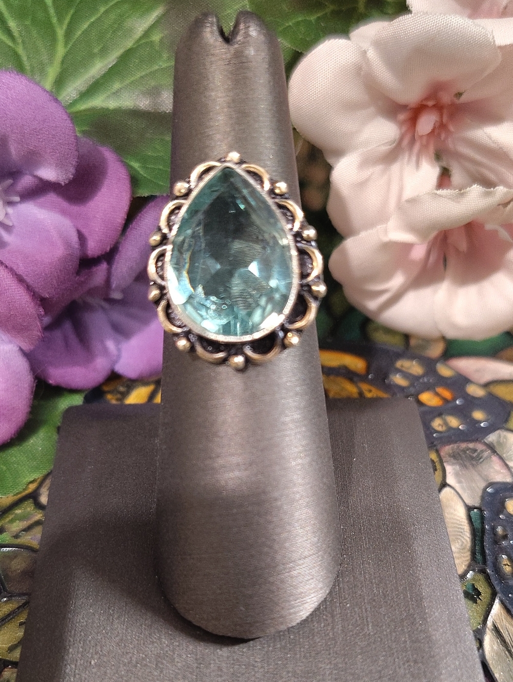 Aquamarine Glass Gemstone Ring 925 Silver - Size 6